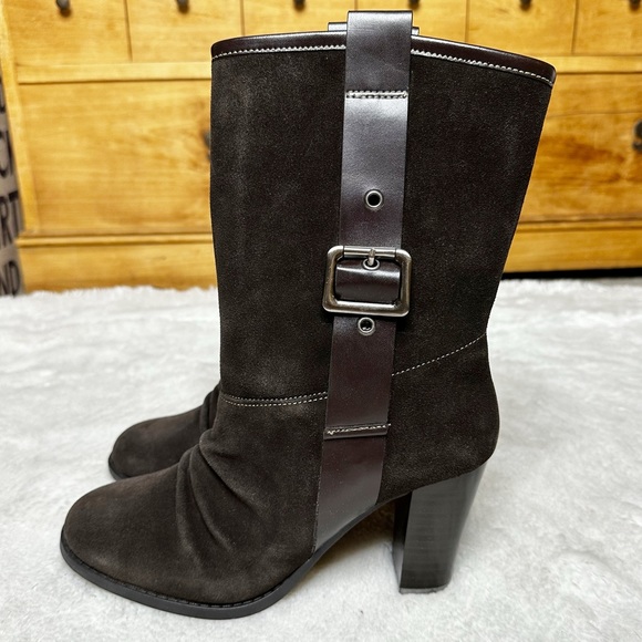 NWOB Nine & Co. Genuine Suede Mid Calf Belted Block Heel Boots Brown Women’s 7 - Picture 2 of 9